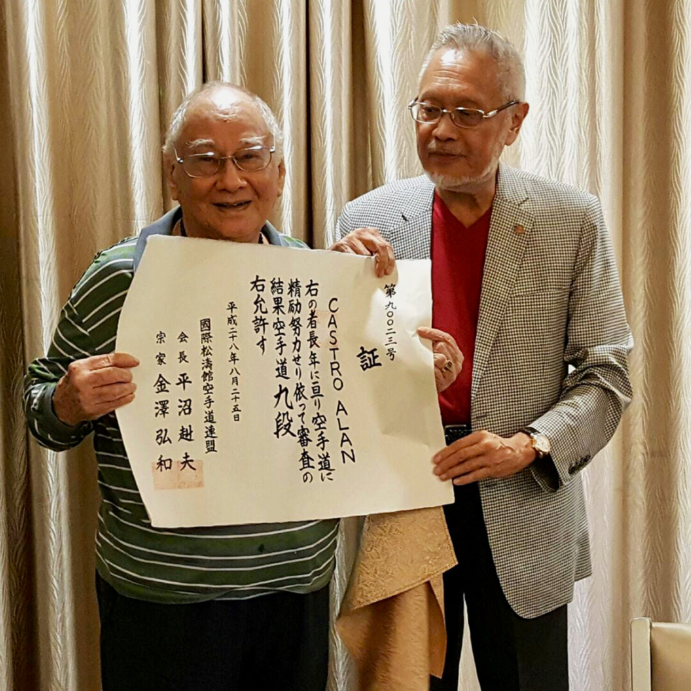 SKIF Hong Kong - Sensei Alan Castro being presented with his 9th Dan by Dr Philip Kwok on behalf of Soke Hirokazu Kanazawa in 2016